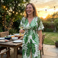 Women's Tropical Leaf Print Deep V-Neck Bodysuit | Elastic Waist Summer Plus Size Top