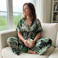 Women's Tropical Leaf Print Deep V-Neck Bodysuit | Elastic Waist Summer Plus Size Top