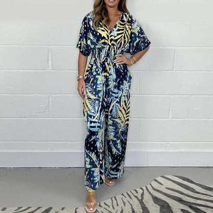 Women's Tropical Leaf Print Deep V-Neck Bodysuit | Elastic Waist Summer Plus Size Top