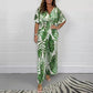 Women's Tropical Leaf Print Deep V-Neck Bodysuit | Elastic Waist Summer Plus Size Top