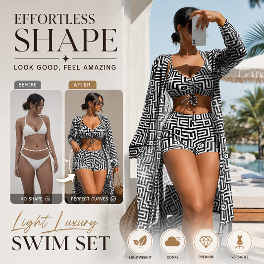 📢📢50% OFF !! ⏰Women's Geometric Print 3-Piece Swimwear Set | High-Waisted Tummy Control Bikini & Sheer Cover-Up | Summer Beach Holiday Outfit