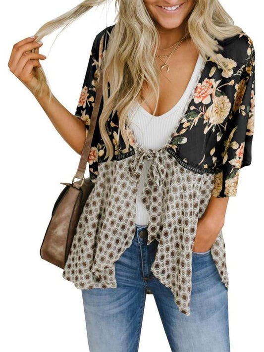 🔥Summer Hot Sale 60% Off!!✨Women's Boho Floral Chiffon Cardigan | Lightweight Open Front Kimono Cover Up with Ruffle Sleeves & Front Tie Knot