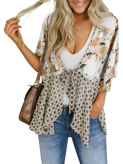 🔥Summer Hot Sale 60% Off!!✨Women's Boho Floral Chiffon Cardigan | Lightweight Open Front Kimono Cover Up with Ruffle Sleeves & Front Tie Knot