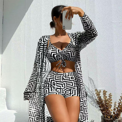 📢📢50% OFF !! ⏰Women's Geometric Print 3-Piece Swimwear Set | High-Waisted Tummy Control Bikini & Sheer Cover-Up | Summer Beach Holiday Outfit