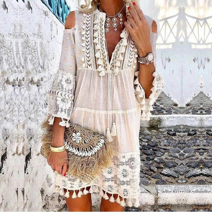 🏖️Summer Hot Sale 50% OFF🏝️Women's Cotton Linen Embroidered Dress | Breathable Loose-Fit Summer Midi Dress with UV Protection (S-5XL)