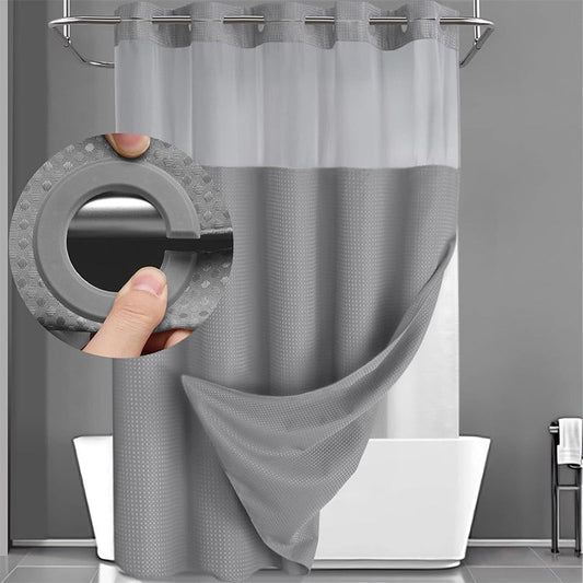 📢📢50% OFF !! 🚿 DOUBLE WATERPROOF WAFFLE SHOWER CURTAIN — Non-Hook Snap Design & Clear Privacy Window ✨