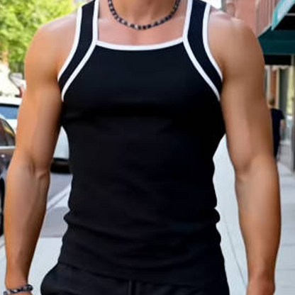 Exclusive 50% OFF | Men's Premium Square Neck Ribbed Tank Top | Classic Contrast Trim Athletic Vest | Breathable Cotton Blend Casual Shirt
