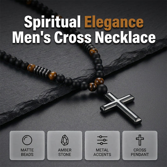 📢📢50% OFF !! ⛪ MEN'S BEADED CROSS NECKLACE — Premium Natural Stone & Sleek Metallic Design ✨