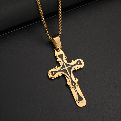 ✨ 50% OFF NOW!🖤 Ornate Vintage-Style Cross Pendant Necklace – Stainless Steel & 60cm Box Chain – Timeless Two-Tone Jewelry 🎁