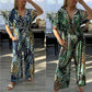 Women's Tropical Leaf Print Deep V-Neck Bodysuit | Elastic Waist Summer Plus Size Top