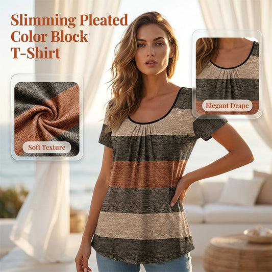 Women's Pleated Colour Block Top | Slimming V-Neck Gathered T-Shirt with Relaxed Flowy Fit & Breathable Fabric