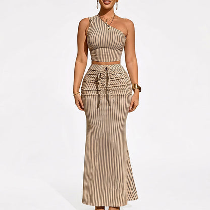 🌸 50% OFF NOW! Women's Coordinated Two-Piece Summer Set | Lengthening Vertical Stripe Crop Top & Clever High-Waisted Maxi Skirt (S-5XL) 👑