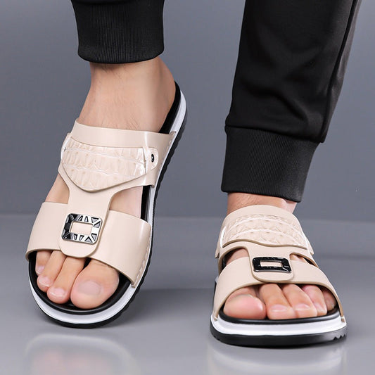 📢📢50% OFF !! ⏰Men's Faux Leather Slip-On Sandals | Dual-Texture Croc Pattern Open-Toe Shoes with Cushioned
