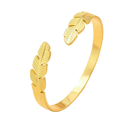 18K Gold Plated Leaf Open Cuff Bracelet | Adjustable Stainless Steel Nature Bangle for Women