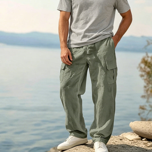 Men's Breathable Cotton Linen Cargo Trousers | Relaxed Wide-Leg Drawstring Pants for Summer Holiday & Streetwear