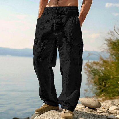 Men's Breathable Cotton Linen Cargo Trousers | Relaxed Wide-Leg Drawstring Pants for Summer Holiday & Streetwear
