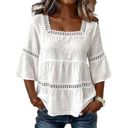 📢📢40% OFF !! ⏰ Elegant Square Neck Summer Blouse – Boho Lace, Bell Sleeves, Tiered Flow ✨