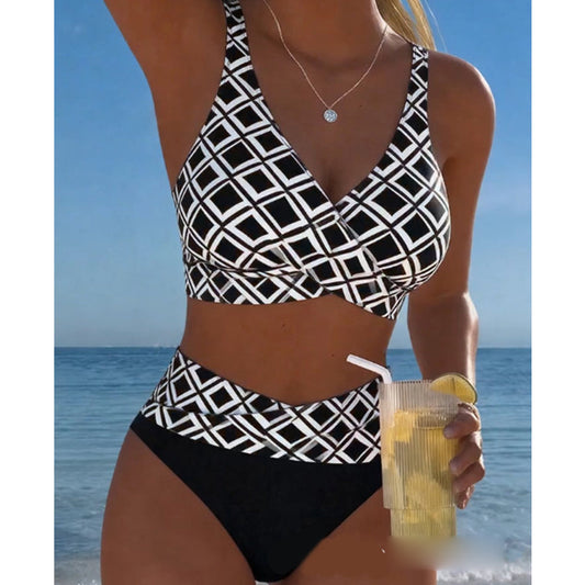 🏖️Summer Hot Sale– 50% OFF!!| Geometric Print Bikini Set | High-Waisted Tummy Control Swimsuit | V-Neck Two-Piece Swimwear for Women