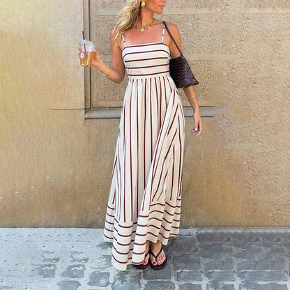 Women's Elegant Striped Maxi Dress | Adjustable Cami & Smocked Back Summer Beach Dress for Smart Casual Holidays
