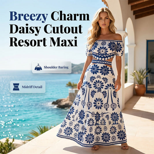 🏆LAST DAY SALE 50% OFF🔥Women's Elegant Off-the-Shoulder Maxi Dress | Floral Tiered Holiday Dress with Waist Cutout for Summer Holidays