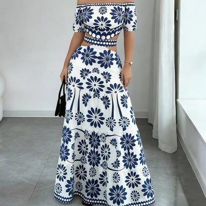 🏆LAST DAY SALE 50% OFF🔥Women's Elegant Off-the-Shoulder Maxi Dress | Floral Tiered Holiday Dress with Waist Cutout for Summer Holidays