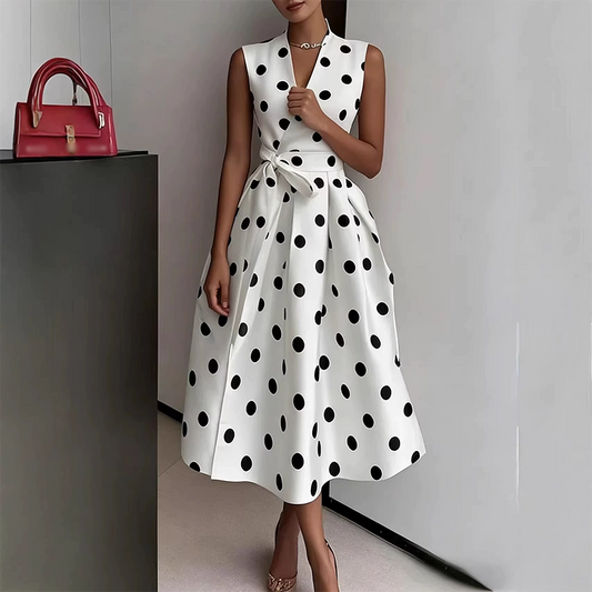 Exclusive 50% OFF | Women's Polka Dot Sleeveless V-Neck Dress | Elegant Retro Summer Midi Dress with Adjustable Waist Tie