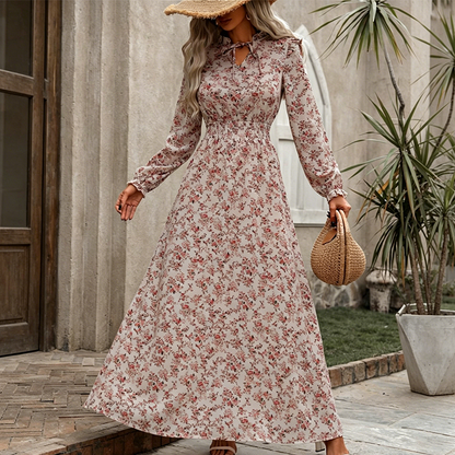 LIMITED-TIME 50% OFF! ✨Women's Elegant Floral Maxi Dress | Tie-Front V-Neck Smocked Waist Ruffled Sleeve Holiday Dress