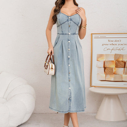 Exclusive 50% OFF | Women's Denim Button-Down Dress | Sleeveless Sweetheart Neckline & Flared Skirt with Pockets | Casual Summer Jumpsuit