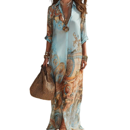 Exclusive 50% OFF | Elegant Retro Print Maxi Dress | Boho V-Neck Button-Down Flowy Gown | Breathable Summer Beach Holiday Dress