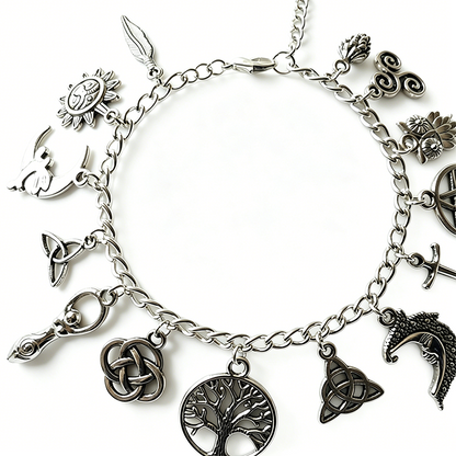 Vintage Pagan Charm Bracelet | Wiccan Tree of Life & Moon Phase Bangle | Antique Silver Spiritual Boho Jewellery for Women