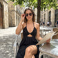Sexy Deep V-Neck Maxi Dress | Chic Cutout & High Thigh Slit Beach Gown | Flowy Open Back Halter Summer Dress