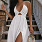 Sexy Deep V-Neck Maxi Dress | Chic Cutout & High Thigh Slit Beach Gown | Flowy Open Back Halter Summer Dress