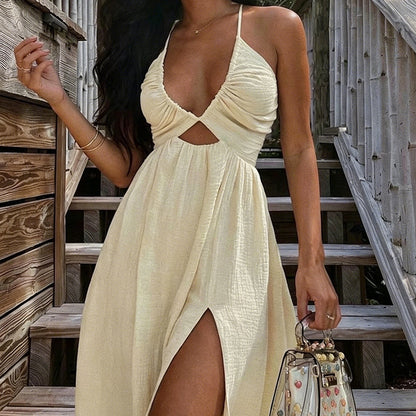 Sexy Deep V-Neck Maxi Dress | Chic Cutout & High Thigh Slit Beach Gown | Flowy Open Back Halter Summer Dress