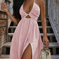 Sexy Deep V-Neck Maxi Dress | Chic Cutout & High Thigh Slit Beach Gown | Flowy Open Back Halter Summer Dress