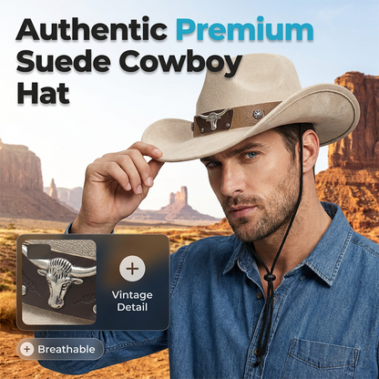 📢📢50% OFF !! ⏰Authentic Premium Suede Cowboy Hat | Vintage Bull Skull Band & Adjustable Wind Rope | Wide Brim Western Sun Hat for Men & Women