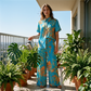 👗 LIMITED-TIME 50% OFF! ✨  Chic Peacock Blue Two-Piece Set | Short Sleeve Top & Straight Pants with Pockets | Soft Printed Co-ord Outfit for Travel & Leisure🌿