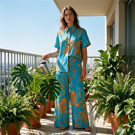 👗 LIMITED-TIME 50% OFF! ✨  Chic Peacock Blue Two-Piece Set | Short Sleeve Top & Straight Pants with Pockets | Soft Printed Co-ord Outfit for Travel & Leisure🌿