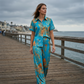 👗 LIMITED-TIME 50% OFF! ✨  Chic Peacock Blue Two-Piece Set | Short Sleeve Top & Straight Pants with Pockets | Soft Printed Co-ord Outfit for Travel & Leisure🌿