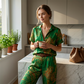 👗 LIMITED-TIME 50% OFF! ✨  Chic Peacock Blue Two-Piece Set | Short Sleeve Top & Straight Pants with Pockets | Soft Printed Co-ord Outfit for Travel & Leisure🌿