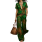 👗 LIMITED-TIME 50% OFF! ✨  Chic Peacock Blue Two-Piece Set | Short Sleeve Top & Straight Pants with Pockets | Soft Printed Co-ord Outfit for Travel & Leisure🌿