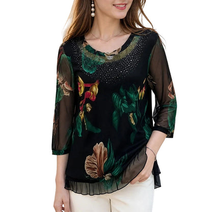 Elegant Floral Print Tunic Top | Lightweight Sheer 3/4 Sleeve Blouse | Double-Layer Chiffon Hem Plus Size
