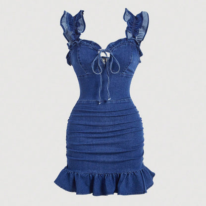 Women's Ruffle Strap Ruched Denim Dress