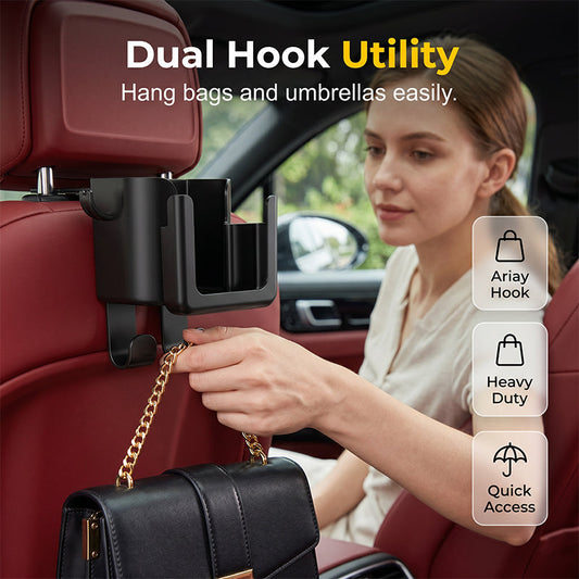Special Offer: Car Seat Back Organizer & Cup Holder | Dual Heavy-Duty Hooks | Versatile Backseat Storage Hub for Bags & Drinks