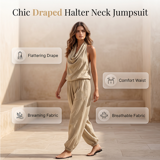 📢📢50% OFF !! 👗 CHIC DRAPED HALTER NECK JUMPSUIT — Breathable Wide-Leg Silhouette & Elegant Day-to-Night Style ✨