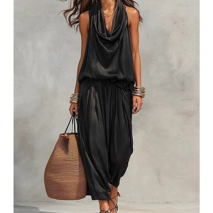 📢📢50% OFF !! 👗 CHIC DRAPED HALTER NECK JUMPSUIT — Breathable Wide-Leg Silhouette & Elegant Day-to-Night Style ✨