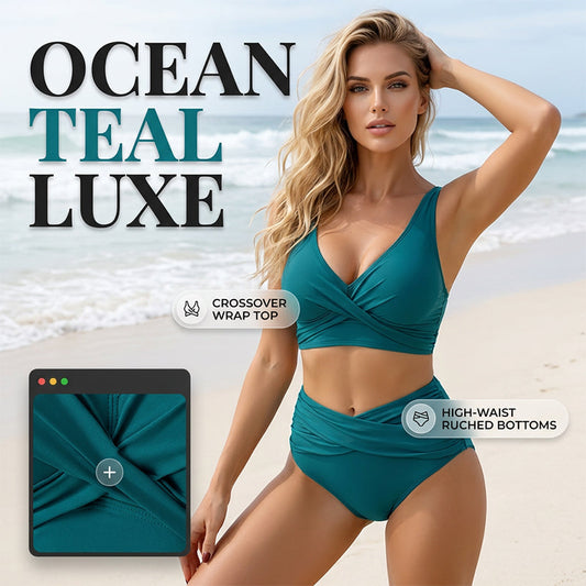 🌸LIMITED-TIME 50% OFF!⏰👙 FLATTERING HIGH-WAIST RUCHED BIKINI SET — Elegant V-Neck Wrap Design & Quick-Dry Tummy Control ✨