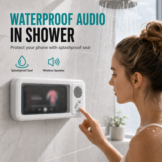 Wall Mounted Waterproof Phone Case with Bluetooth Speaker and Touch Screen Phone Holder for Bathroom and Shower
