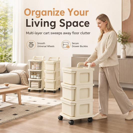 🧺🔥 50% OFF! Cream Colored Multi-Tier Rolling Storage Cart with Drawers – Floor Standing Mobile Utility Organizer Rack for Home, Living Room, Bedroom, Snacks & Toys – Smooth Wheels, Deep Drawers, Space-Saving Household Storage ✨
