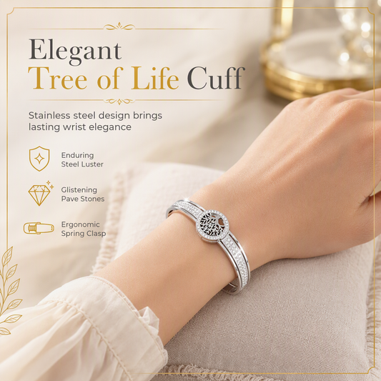 Stainless Steel Tree of Life Bangle for Women Elegant Pave Rhinestone Fashion Jewelry