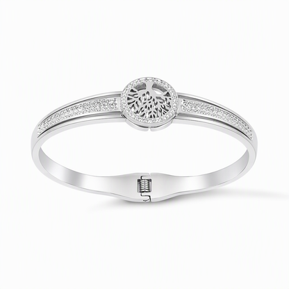 Stainless Steel Tree of Life Bangle for Women Elegant Pave Rhinestone Fashion Jewelry